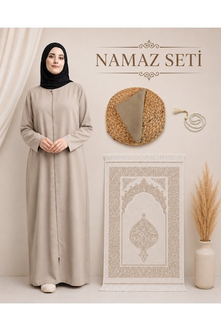 Bilenler Kadın Namaz Seti Fermuarlı Viskon Namaz Elbisesi Örtü İnci Tesbih Seccade M1001 Bej