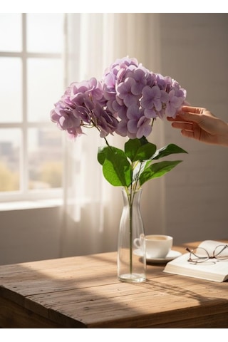 Yapay Çiçek Islak Ortanca Çiçeği Lila 45cm 5dal Islak Gerçeksi Dokulu Lila