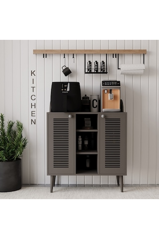 Kahve Kiler-kahve Köşesi %100 Mdf Lake Ahşap Ayak Çok Amaçlı Dolap Gri