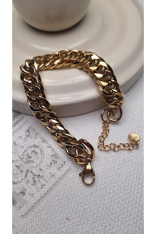 Çelik Bileklik Gold Altın Renk Kalın Zincir Detaylı Çelik Bileklik Gold