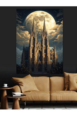 Ahşap Tablo Gece Işıkları Altında Gotik Katedral