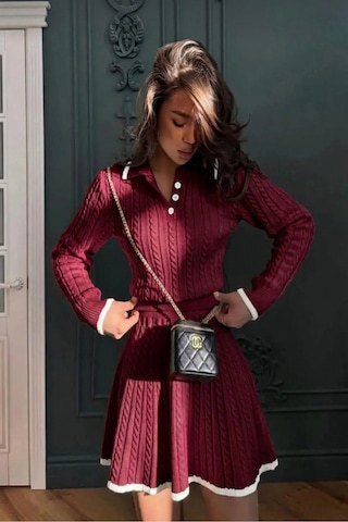 Sayzen Your Shine Polo Yaka Saç Örgülü Kazak-etek Triko Takım Sy-25100 Bordo