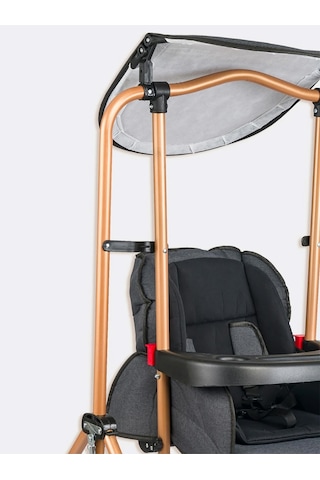 Tam Yatarlı Tenteli Mama Tablalı Keten Kumaş Ev Tipi Gold Salıncaklı & Mama Sandalyesi