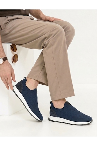 Cabani Erkek Lacivert Triko Hakiki Deri Yazlık Slip-on Ayakkabı