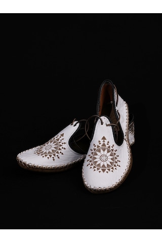 Ertay Deri El Yapımı Hakiki Deri Kadın Bağcıklı Yemeni Beyaz