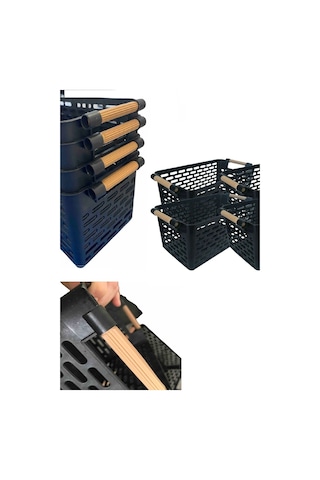 Toptanfoni 2 Adet Ahşap Renk Plastik Saplı Organizer Sepet Düzenleyici Siyah Siyah