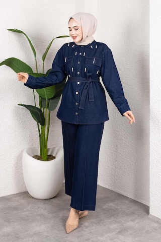 Misskayle Taş Detaylı Kuşaklı Denim Tesettür Takım Koyu Mavi Koyu
