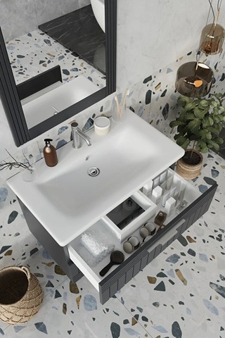 Erguvan Gümüş Kulp Antrasit 80 Cm %100 Mdf Lavabolu Banyo Dolabı Ayna Antrasit