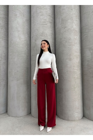 Kadın Likralı Cırt Kapama Lacivert Geniş Paçalı Rahat Palazzo Pantolon Bordo
