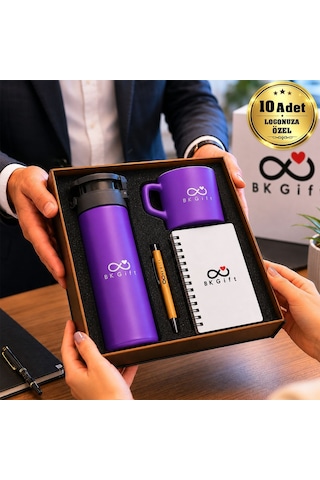 Logonuza Özel 10 Adet Ahşap Kutulu Mor Kurumsal Hediye Seti Cam Suluk, Seramik Fincan, Defter Ve Kalemli Promosyon Seti