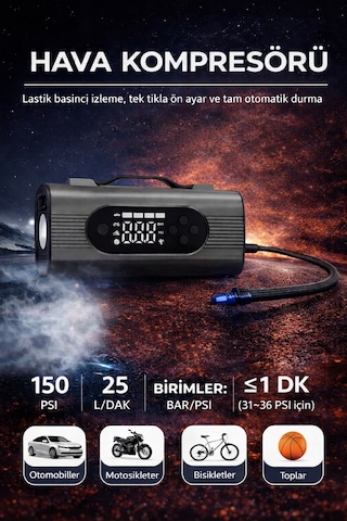 6in1 Akü Takviye Hava Kompresörü Süpürge 12000mah 1000a 150psı Powerbank Led