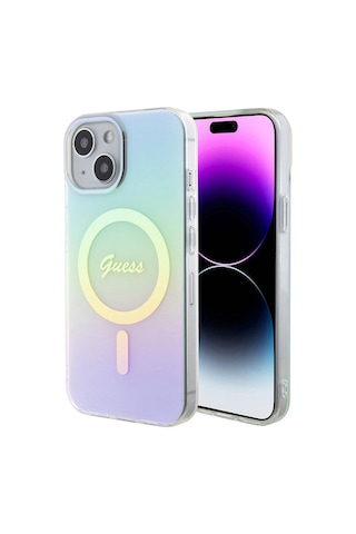 Apple Uyumlu iPhone 15 Kılıf Guess Lisanslı Magsafe Şarj Özellikli Yazı Logolu Iridescent Siyah