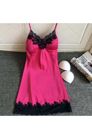 Saten Pijamalar Kadın Bayan Kıyafeti Gecelik Seksi İç Çamaşırı Göğüs Pedleri İle Pembe