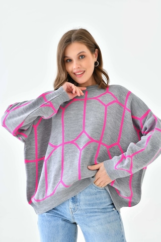 Park Karon Kadın Bisiklet Yaka Desenli Oversize Triko Kazak 224403 Gri