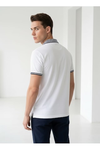 Giyim Dünyası Erkek Yaka Çizgili Polo Yaka Kısa Kol Tshirt Beyaz