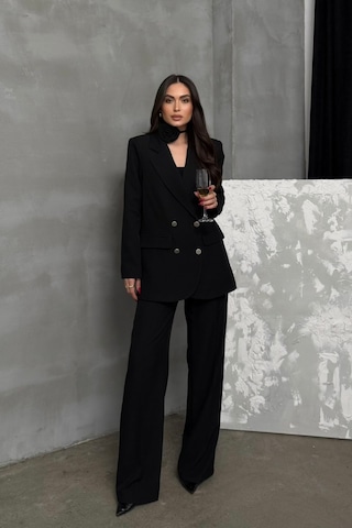 Msm Fashion Kadın İkili Blazer Ceket Pantolon Takım Aksesuar Ve Düğme Detaylı Bol Paça Siyah