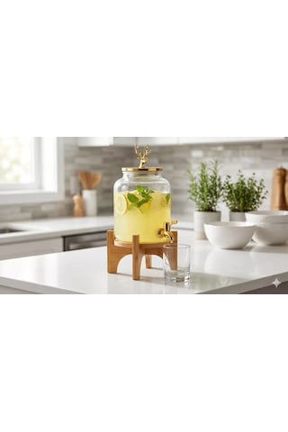 Znv Zenvia Mey İthalat Geyik Figürlü Gold Lüks Cam İçecek Sebili - 3.6 Litre Bambu Standlı Meyve Suyu Kovası Z