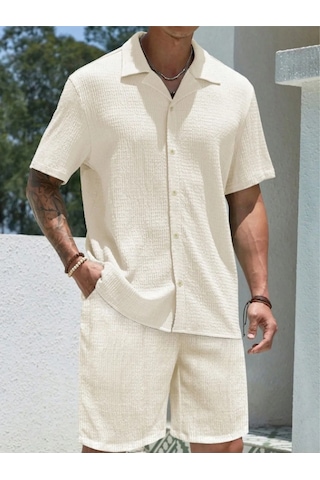 Alaçatı Stili, Erkek, Bürümcük, Krinkıl Kumaş, Yazlık Likralı Gömlek, Ve Şort Jogger Takım, Kombini Beyaz - Gri