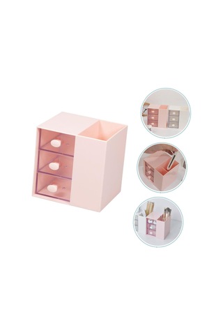 Masaüstü Kalemlik Organizer 7 Bölmeli Kawaii Kapaklı Mini Çekmeceli Kalemlik - Pembe Çok Renkli