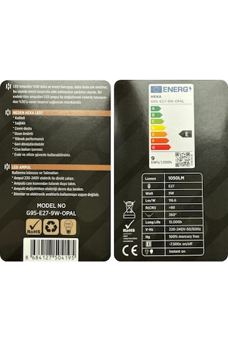 5 Adet Heka 9w 67w 3000k Sarı Işık E27 Duylu Kalın Duy Led Glop G95 Ampul Heka