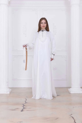 Yaka Fırfırlı Boncuk İşlemeli Şifon Abiye 2716-ekru Ekru