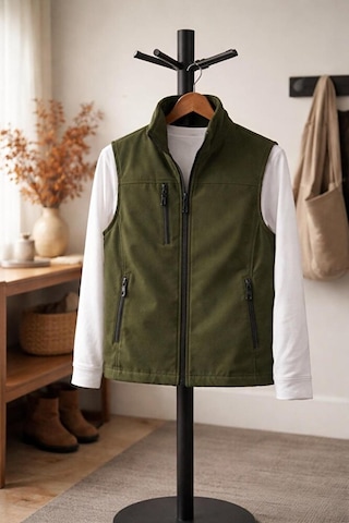 Vatan Tekstil Dik Yaka Slim Fit 3 Cepli Softshell Erkek Yelek Su İtici Kumaş Haki