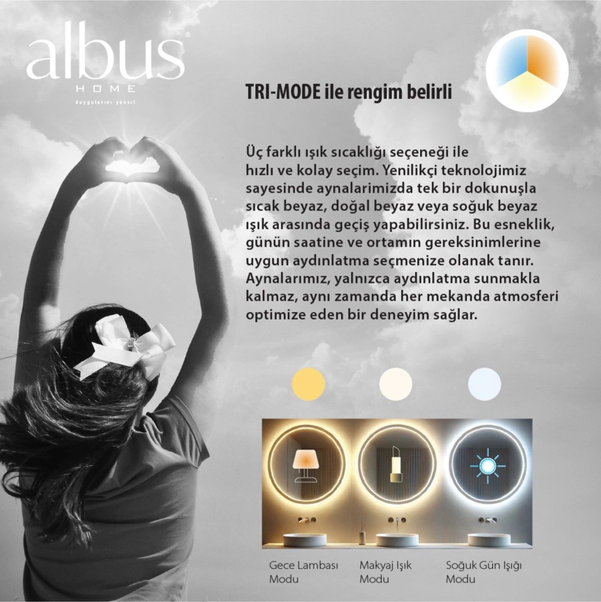 Albus Home - Hera Led Aydınlatmalı Ayna - Tri-color Dimmer Defogger Mat Krom