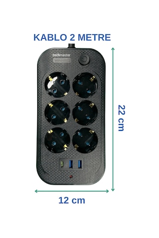 Techmaster 2 Usb + Type-C Akım ve Çocuk Korumalı 6lı Priz 2mt