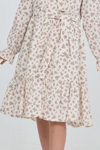 Kız Çocuk Fiyonk Yakalı Bel Kuşaklı Çiçek Desenli Kloş Etekli Elbise 12301 Pudra