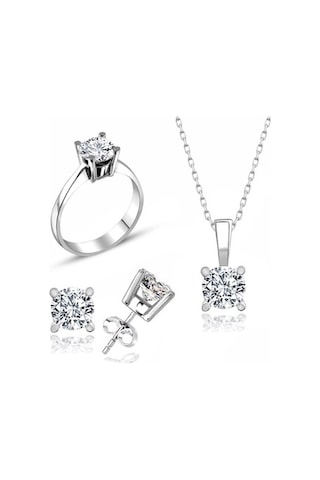 Sertifikalı Swarovski Taş Altın Modeli Tek Taş 925 Gümüş Set Takı