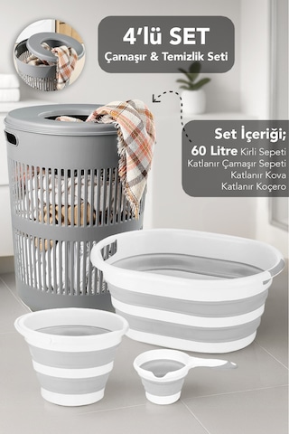 4'lü Set - 60 Lt Solara Kirli Sepeti Gri, Katlanabilir Silikon Çamaşır Sepeti, Su Kovası, Maşrapa Gri