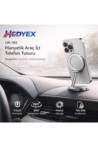 Hedyex Un-165 Manyetik Araç İçi Telefon Tutucu Magsafe Uyumlu Metal Gümüş