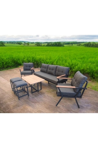 Pilocca Bahçe Ve Balkon Mobilyası Antrasit 3+1+1 Sehpa Ve 2 Puflu Antrasit