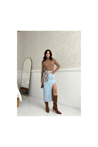 Kene Jeans Yüksek Bel Buz Mavi Uzun Ön Parçalı Asimetrik Kot Etek Buz Mavi
