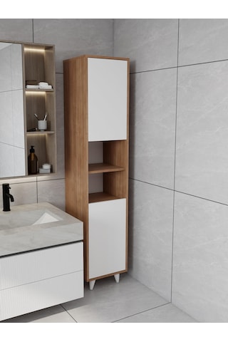 Riva Çamaşır Sepetli Banyo Dolabı Marbellakiraz Renk Meşe - Beyaz