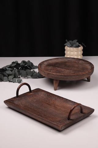 Bambum 2 Parça Pavlonya Elegant Ahşap Sunum Ve Servis Seti Kulplu Dikdörtgen Ve Yuvarlak Servis Tabakları Ahşap