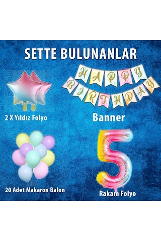 Gökkuşağı Konsepti 5 Yaş Doğum Günü Parti Kutlama Seti Rakam Ve