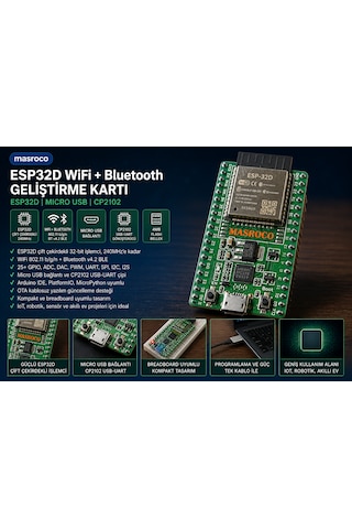 Esp32-d Wifi Bluetooth Geliştirme Kartı Devkitc V4 Yeşil Pcb, Usb Kablo Dahil