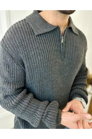 Kazak Oversize Tüylenmez Naturel Pamuk Fermuarlı Polo Yaka Örme Triko Kazak Füme