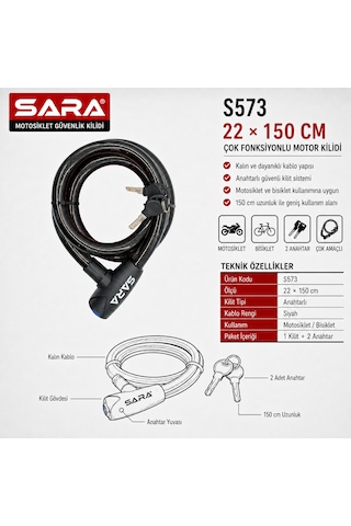 Sara S573 Motosiklet Ve Bisiklet Güvenlik Kilidi 150 Cm, Anahtarlı, Siyah, 2 Anahtar Siyah - Gri