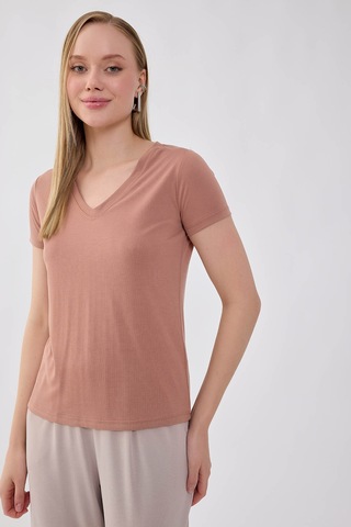 Vitrin V Yaka Salaş Tişört Camel
