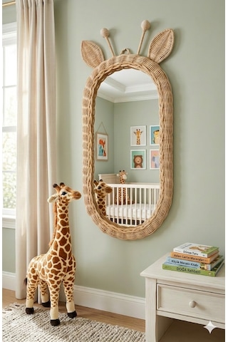 Rattan Bambu El Örmesi Zürafa Model Boy Aynası Ekru