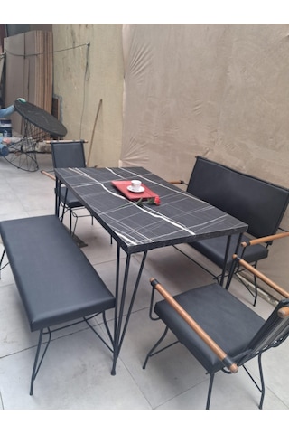 Masa Sandalye Tk 90605 Penyez Takım Model Metal Siyah Suni Deri Balkon-bahçe Siyah