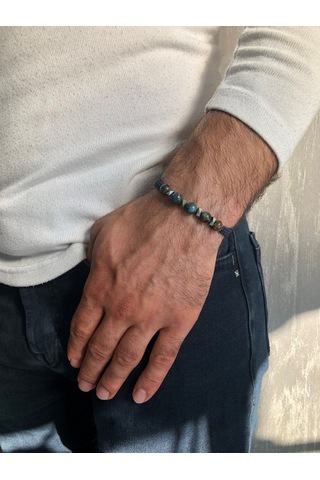 Moda Kulesi Mix Opal Taşı ve Hematit Taşlı Deri İpli Özel Tasarım Erkek Bileklik Çok Renkli