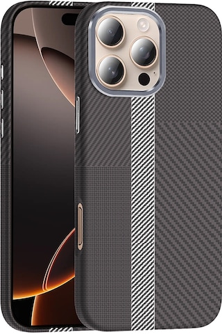 İphone Uyumlu 16 Pro Max Kılıf M-safe Şarj Özellikli Karbon Fiber Görünümlü Gros Kılıf Gri - Siyah