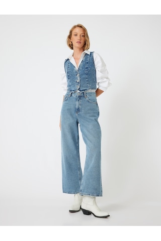 Koton Crop Bol Paça Kot Pantolon Normal Bel Slim Fit Düğmeli - Wide Leg Crop Jean Açık İndigo 5wal40111md