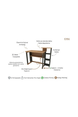 Enda Home Saye 5 Raflı Kitaplıklı Çalışma Masası Çam - Antrasit Koyu Gri - Çam