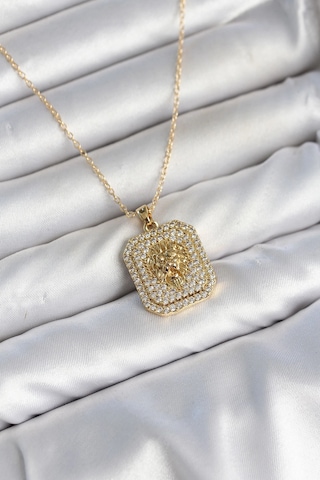 Bay 316l Çelik Zincir Gold Aslan Madalyon Model Zirkon Taşlı Kadın Kolye Najmaddin Standart