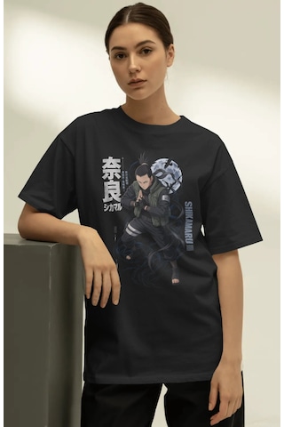 Unisex Oversize Shikamaru Nara Naruto Anime Karakter Ön Baskılı P Siyah