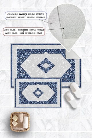 Dijital Baskı Klasik Kaymaz Taban 2li Set Banyo Paspası Klozet Takımı 50x60cm-60x100cm Mavi